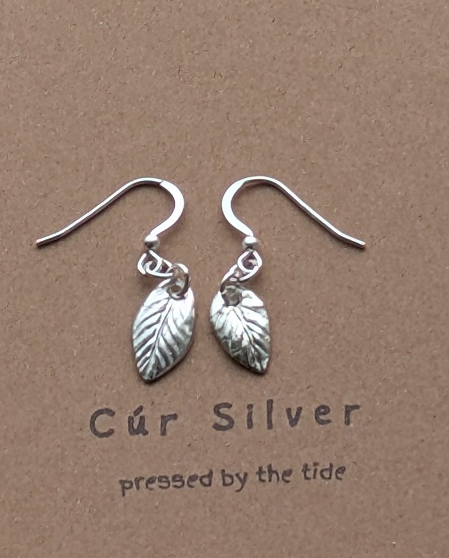 Fine Silver Leaf Drop Earrings, Organic Textured Botanical Dangles