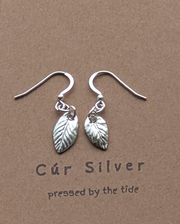 Fine Silver Leaf Drop Earrings, Organic Textured Botanical Dangles