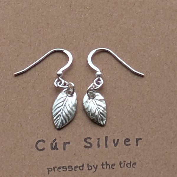 Fine Silver Leaf Drop Earrings, Organic Textured Botanical Dangles