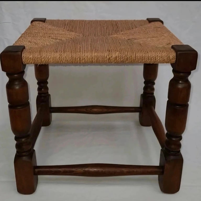 Hand Restored Antique Oak Footstool French Polished, Rewoven Seagrass