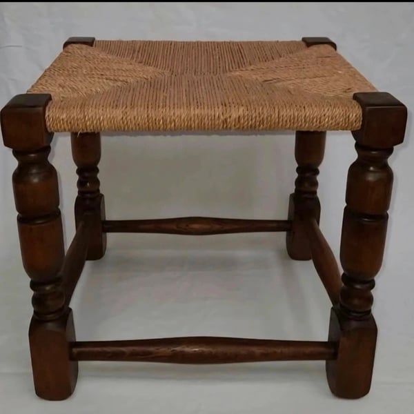 Hand Restored Antique Oak Footstool French Polished, Rewoven Seagrass
