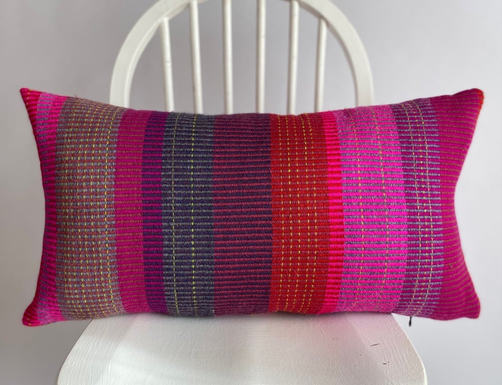 A Hand woven 100% wool cushion, designed and made by Yvonne Skelton
