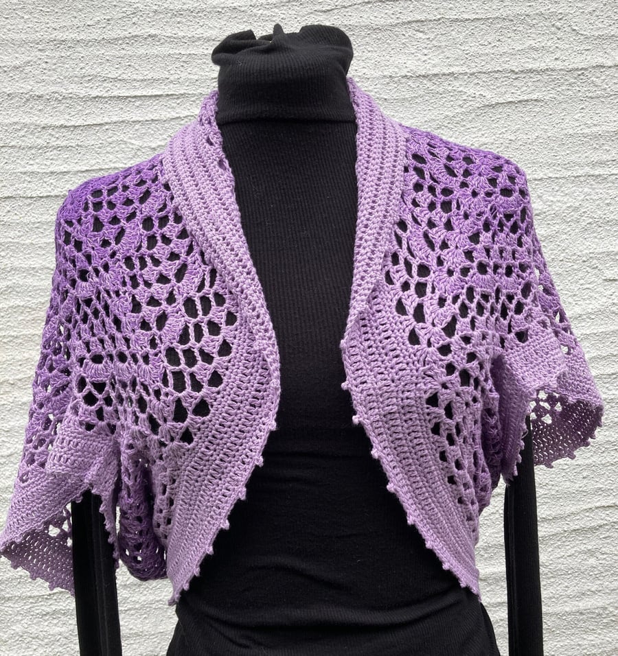 Hand crochet lace bolero, shrug, wrap, cardigan, pinks and purple