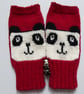 Panda Fingerless gloves , knitted red wool wrist warmers - Image 3
