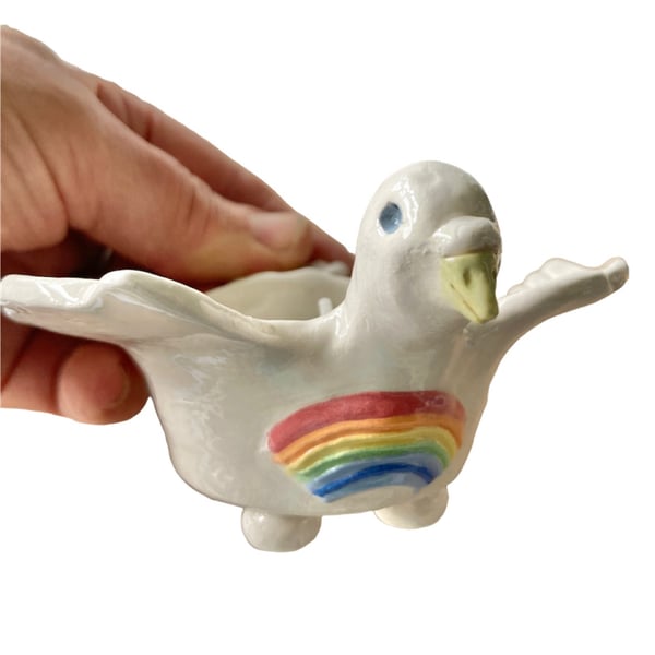 White Dove with Rainbow Tea Light Dish