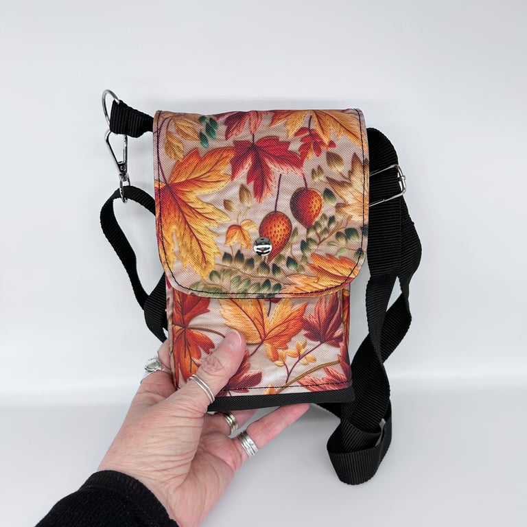 Cross body bag with Autumn leaves with adjustable strap. Waterproof canvas.