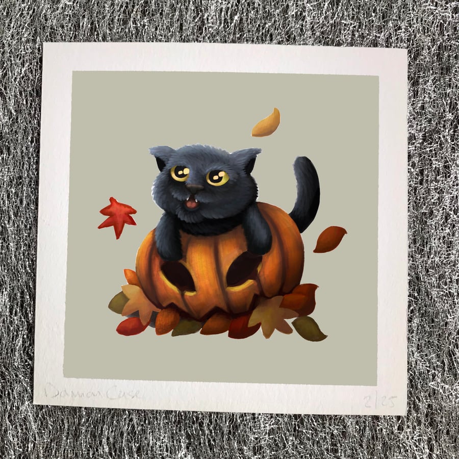 'Autumn' Halloween Pumpkin Cat Art Print