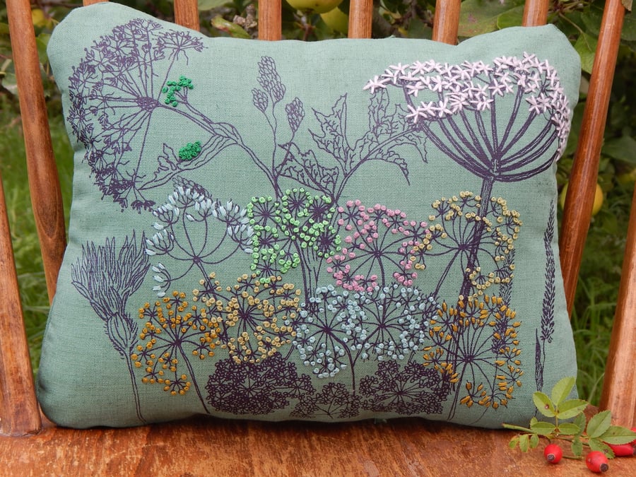 Green Linen - Screen printed wild flower cushion 