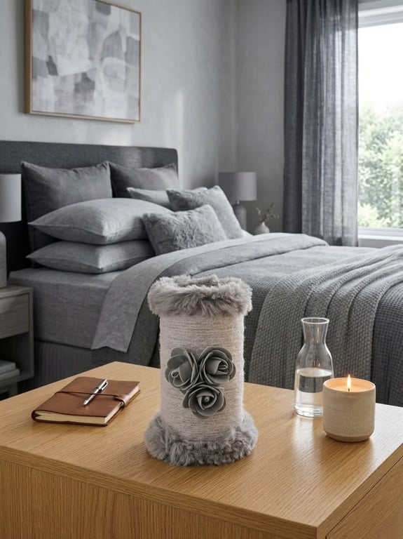Handmade Upcycled Glass Vase,Grey Cashmere Blend Yarn,Faux Fur And Foam Roses