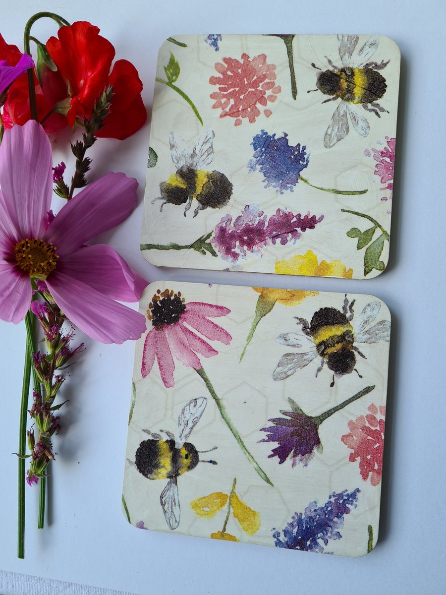 Wooden coasters decoupage bee and flowers set of two letterbox gift housewarming