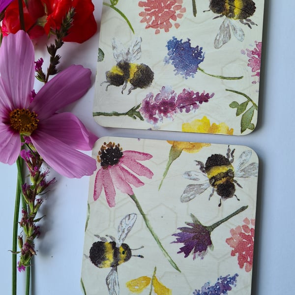 Wooden coasters decoupage bee and flowers set of two letterbox gift