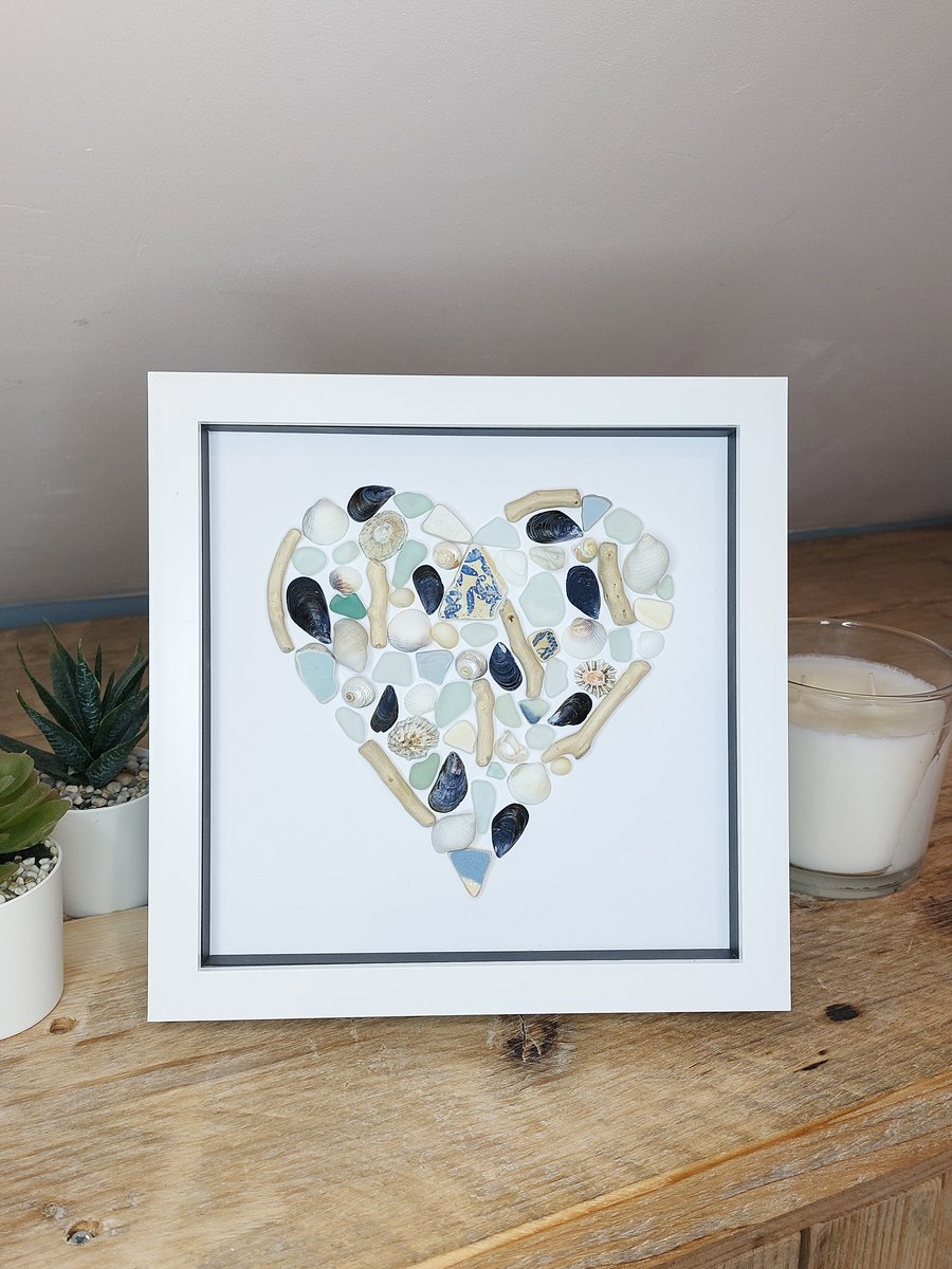 Cornish seaglass, shell, pottery and driftwood heart framed wall art