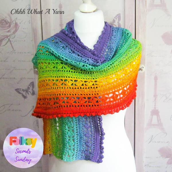 Seconds Sunday end of line. Bright rainbow 100% cotton rectangular shawl,