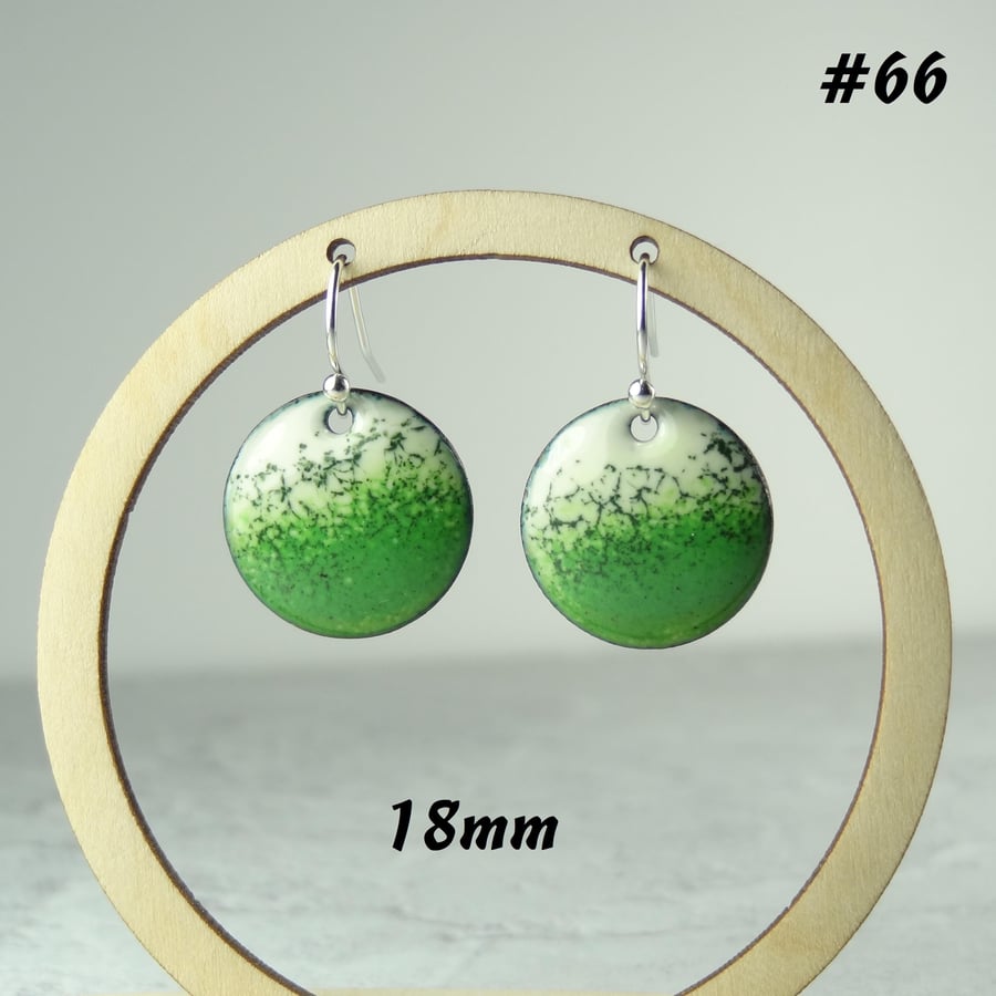 Sterling silver green & cream glass enamelled copper drop earrings, 18mm
