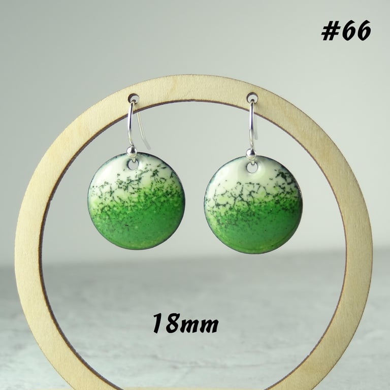Sterling silver green & cream glass enamelled copper drop earrings, 18mm