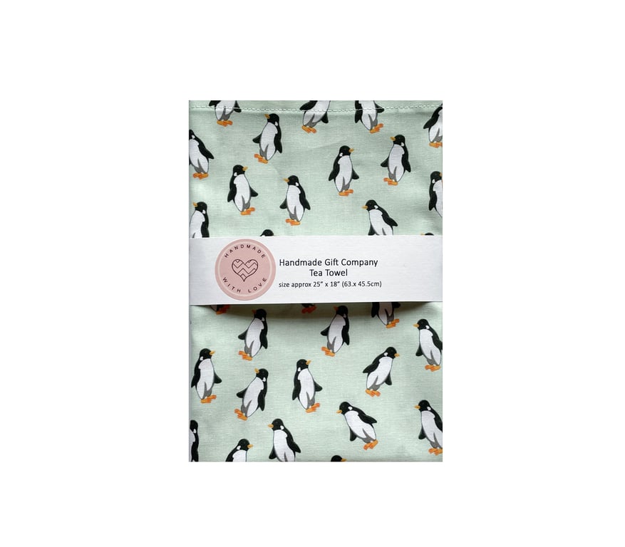 Fabric Handmade Pretty Cotton Tea Towel with a Penguin Design-Mint Green