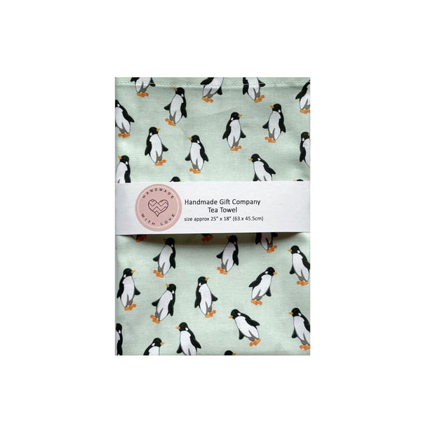 Fabric Handmade Pretty Cotton Tea Towel with a Penguin Design-Mint Green