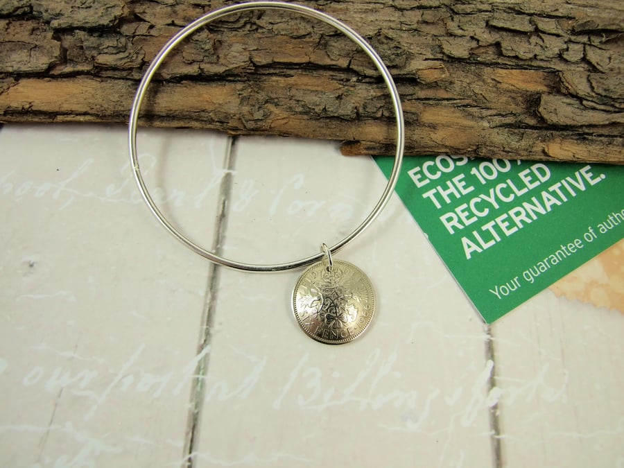 Eco Silver Bangle with Recycled Lucky Sixpence Coin.