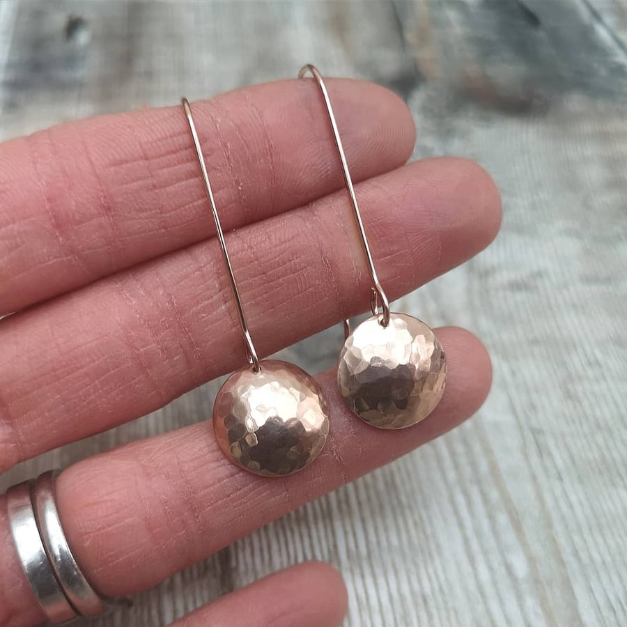 12ct Rose Gold Long Hammered Disc Earrings