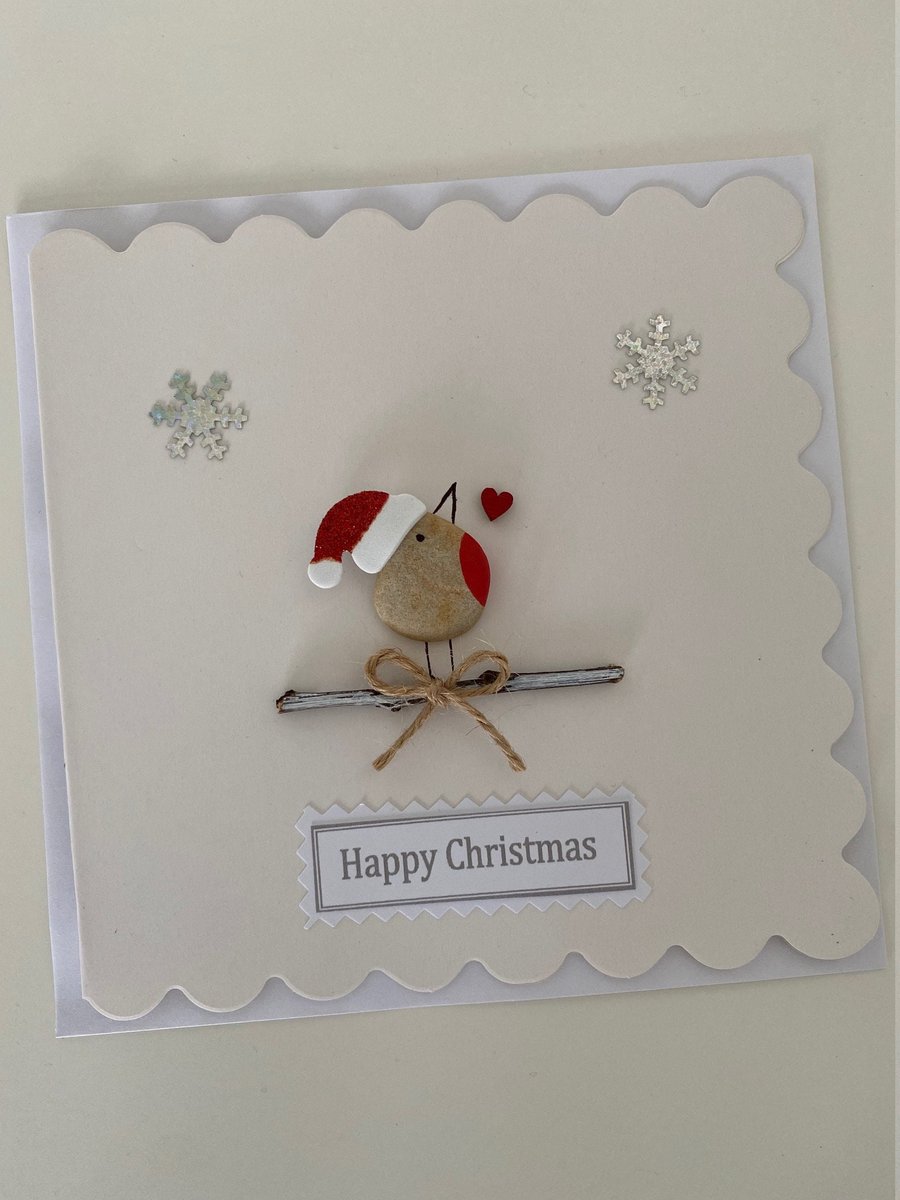 Christmas Pebble Card, Handmade Xmas Card, Christmas card with Robin, Handmade X