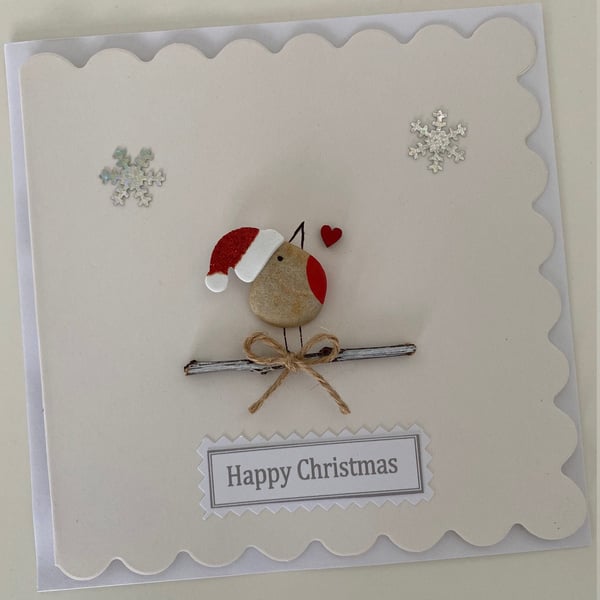 Christmas Pebble Card, Handmade Xmas Card, Christmas card with Robin, Handmade X