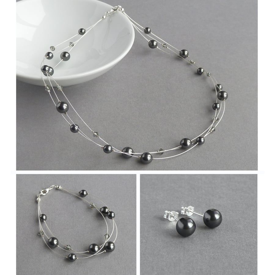 Black Pearl Jewellery Set - Dark Grey Three Strand Necklace, Bracelet and Studs