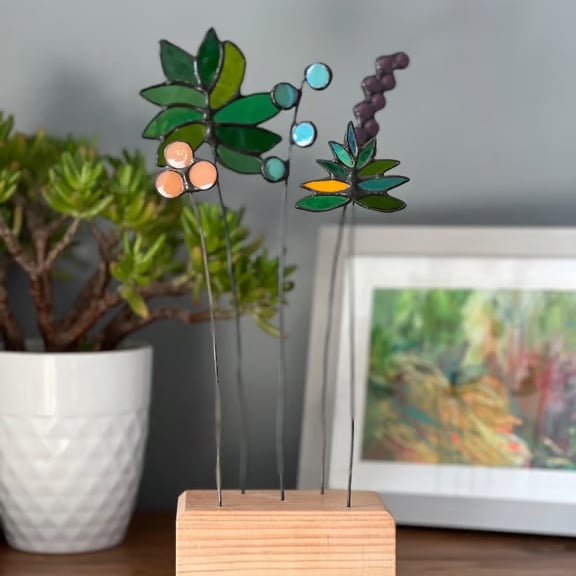 Stained glass bouquet - 5 glass flowers with base, table centrepiece, tropical 