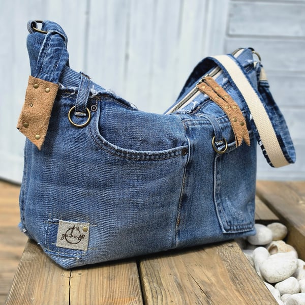 Crossbody Bag in Blue Denim with Adjustable Strap