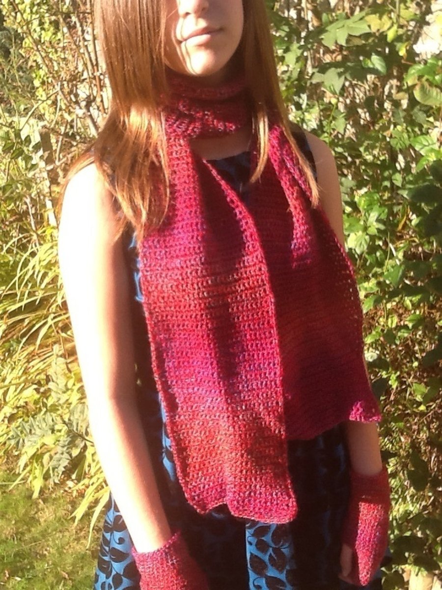 Cranberry Rainbow Crocheted Scarf, in Designer Denys Brunton Yarn!