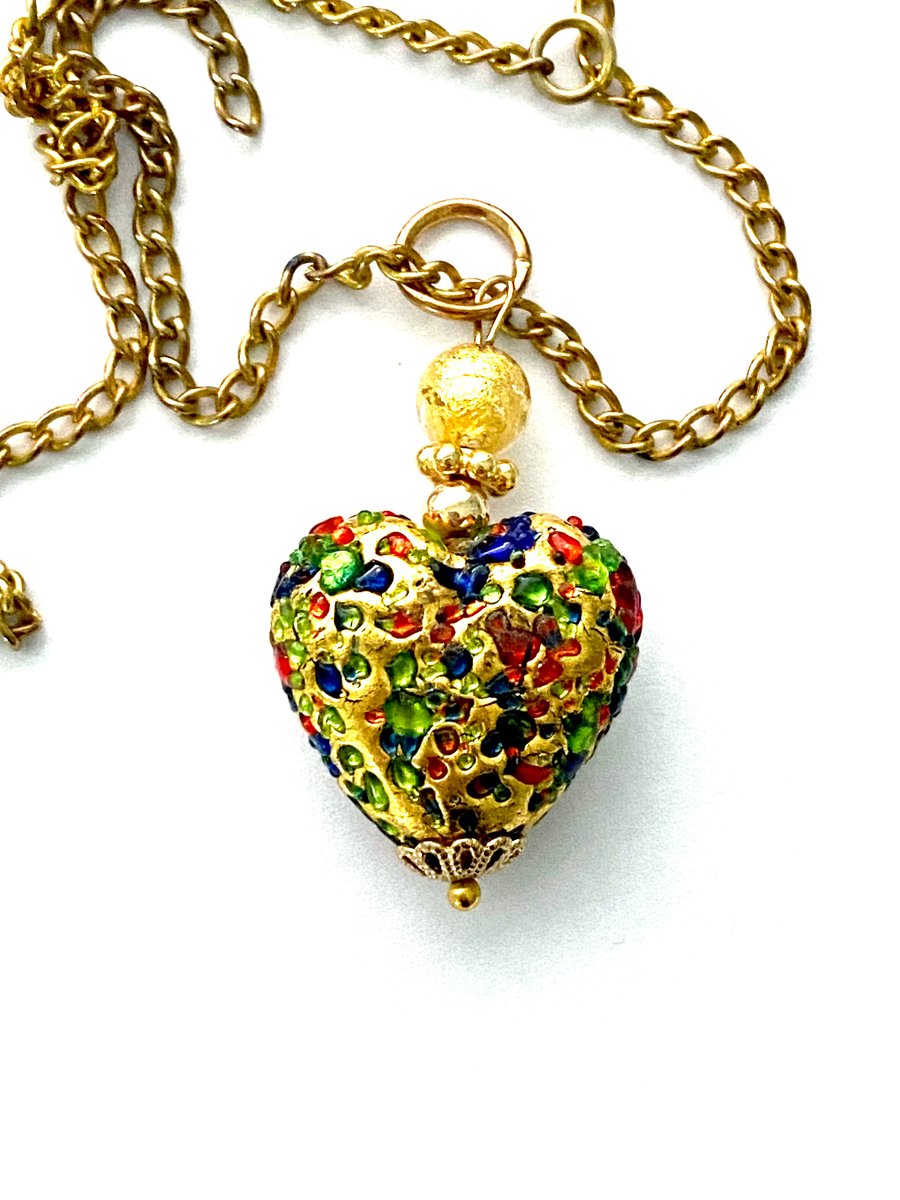 Murano glass gold heart pendant with Swarovski crystal