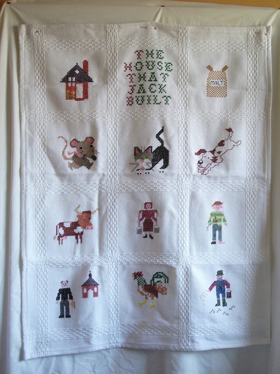 Cot blanket, wall hanging,  'The House that Jack Built', hand embroidered