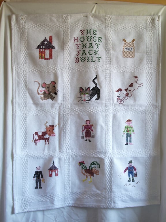 Cot blanket, wall hanging,  'The House that Jack Built', hand embroidered