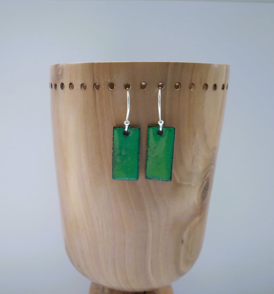 Green rectangular earrings in enamel on copper 280
