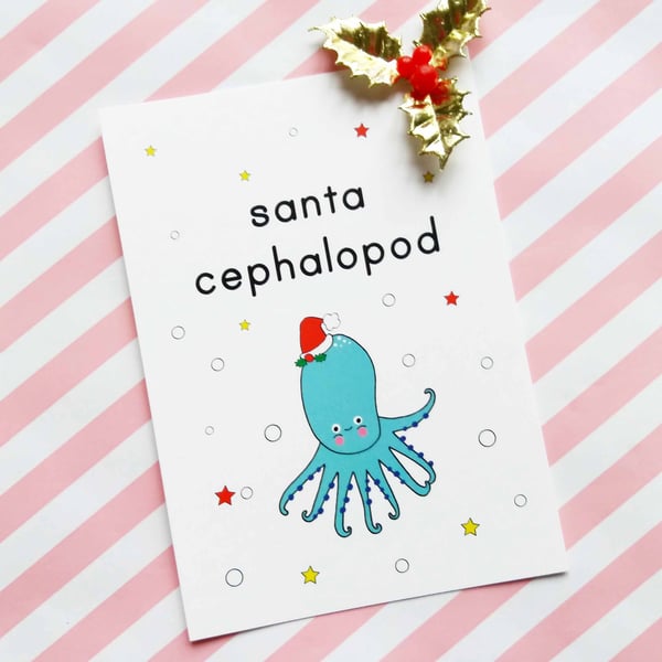 santa cephalopod A6 postcard & envelope, christmas card