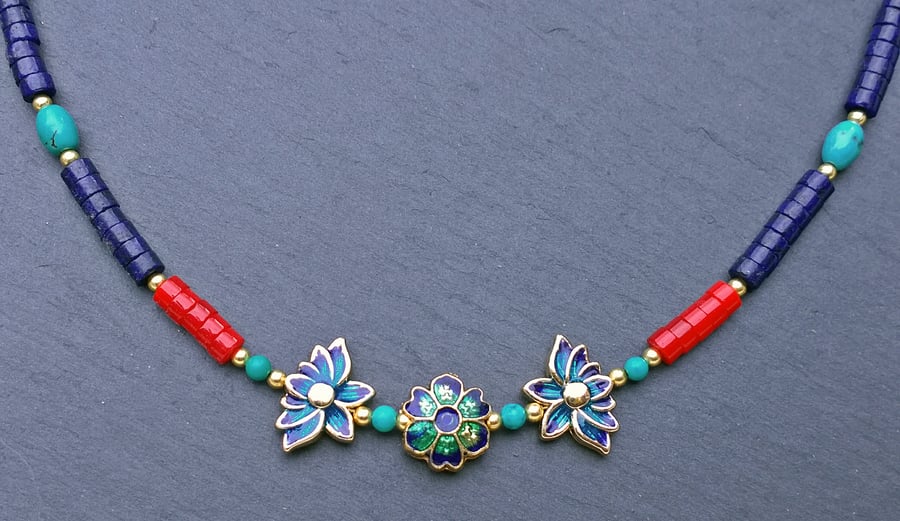 Enamelled Blue Lotus Flower Necklace with Lapis Lazuli and Turquoise