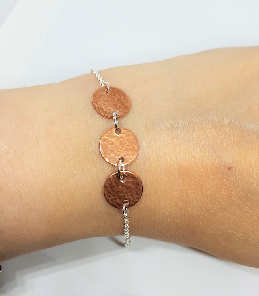 Copper Disc Trio Sterling Silver Bracelet