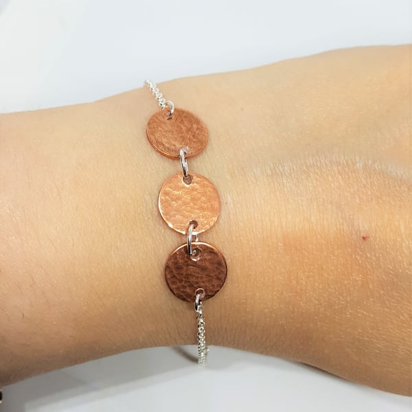 Copper Disc Trio Sterling Silver Bracelet
