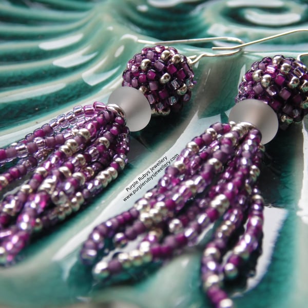 Gold & Purple Mix Tassel Beaded Boho Sterling Silver Earrings E584