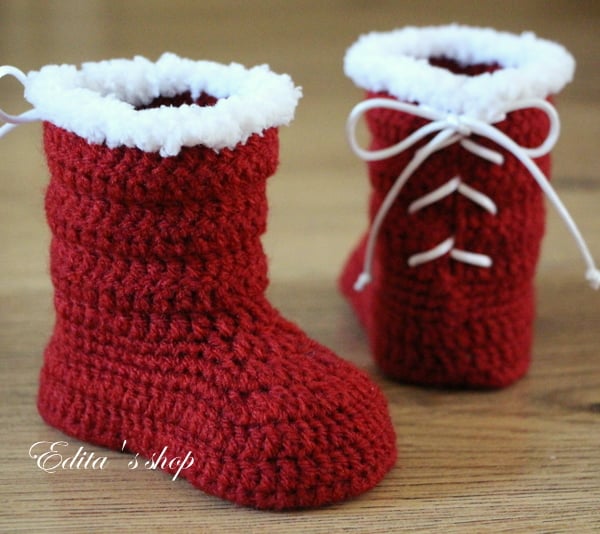 Crochet baby booties, baby shoes, boots, light tan, white, ribbon, Christmas 