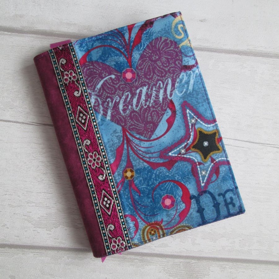 A6 Reusable Patchwork Notebook Cover - Dreamer in Blues & Pinks