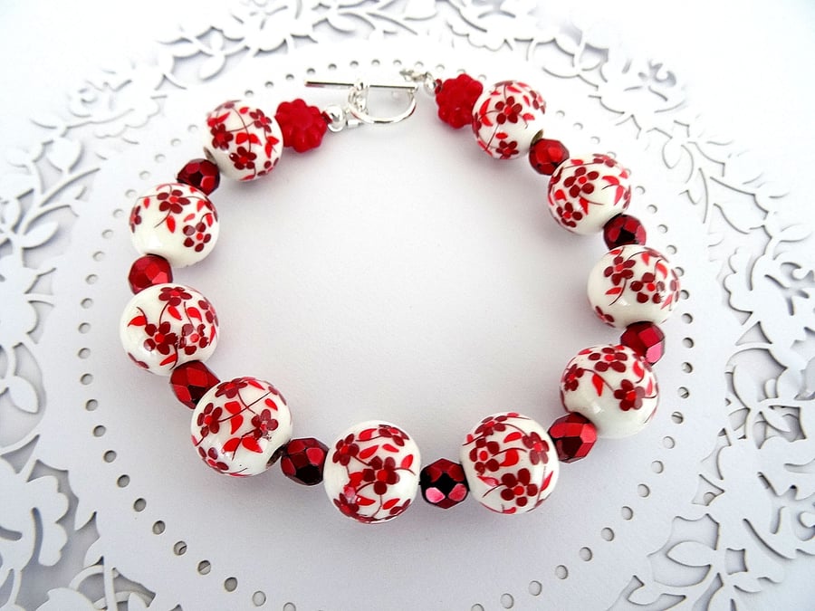 Red Porcelain and Czech Glass Bracelet