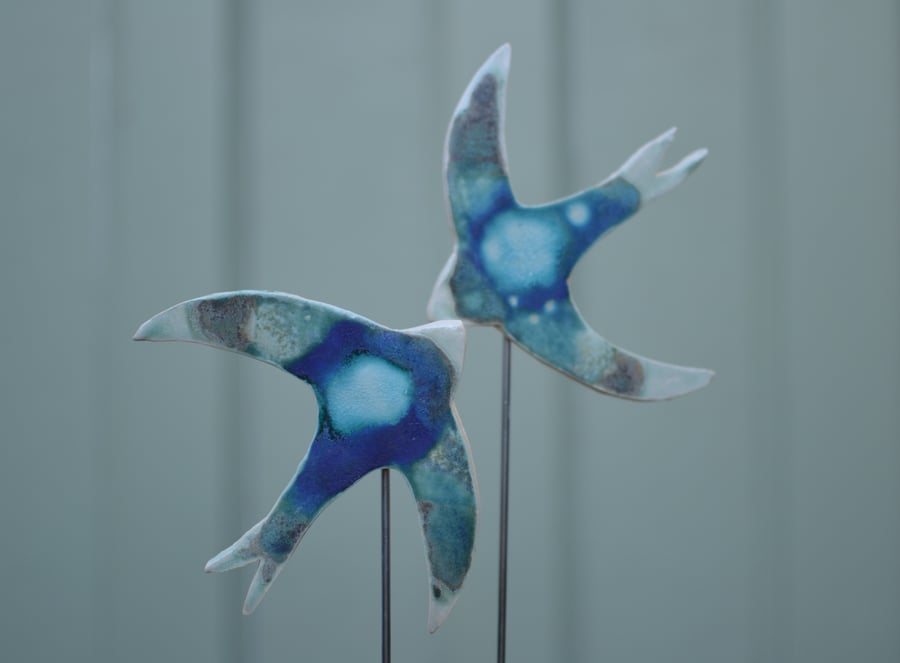 Double swift in an oak block (No1) - beautiful turquoise and green glaze