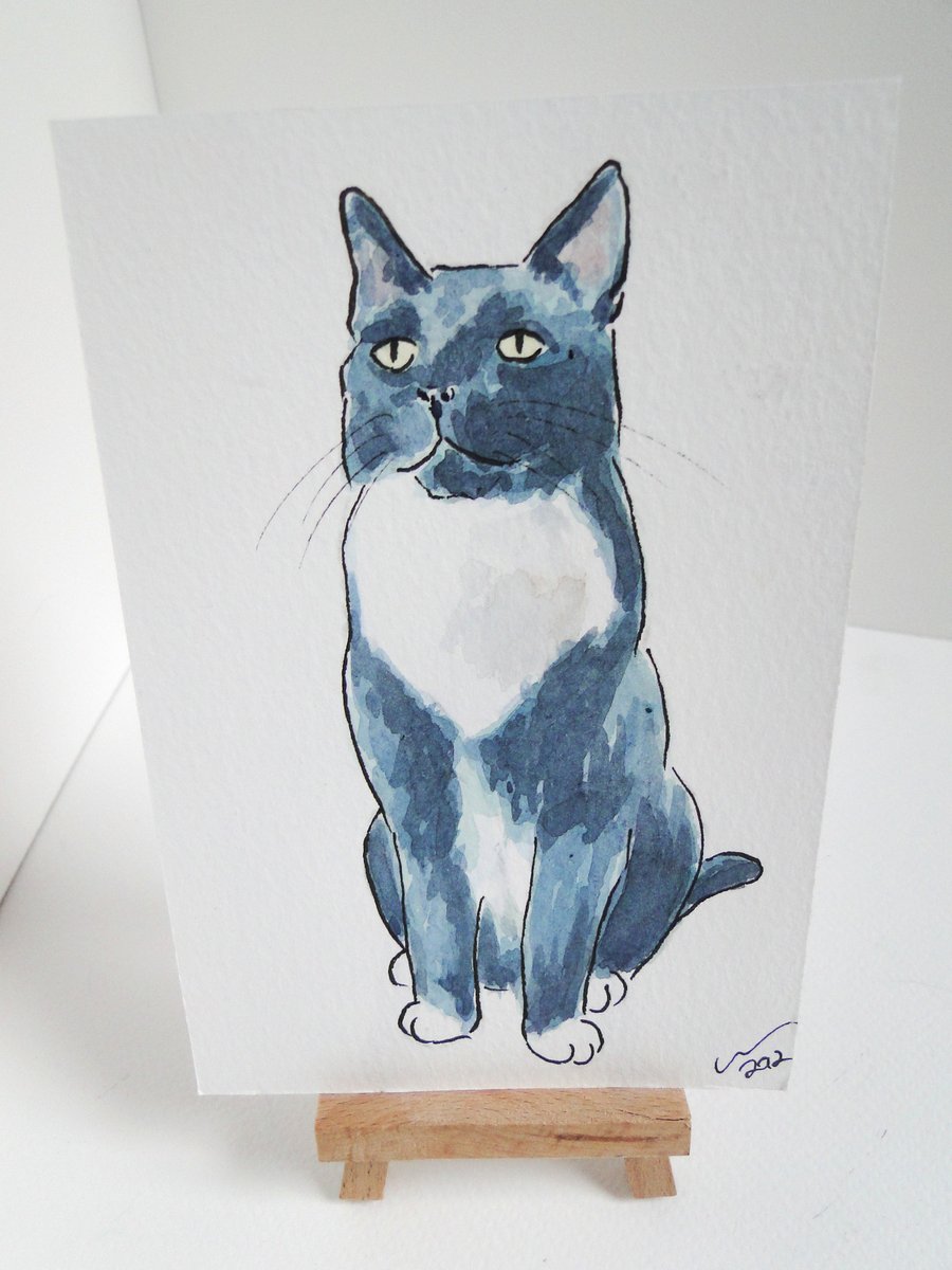 OSWOA Proud Cat Original Watercolour & Ink Painting 4x6 OOAK