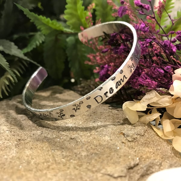 Hand Stamped 'Dream'  Skinny Cuff Bangle with Floral Detail