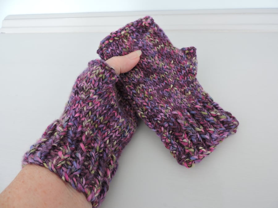 Chunky Knit Fingerless Mitts  Purple Plum Green Pink
