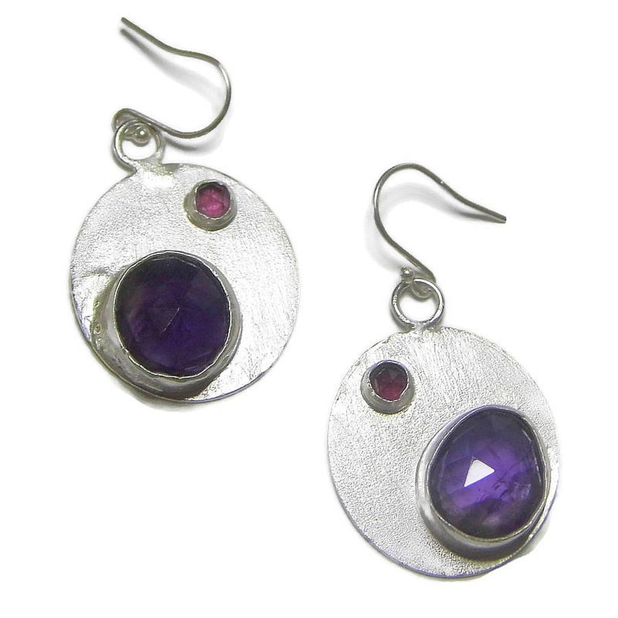 Rose Cut Amethyst and Garnet Sterling Silver Disc Earrings.  