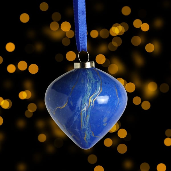 Hand marbled Christmas drop bauble ornament blue gold