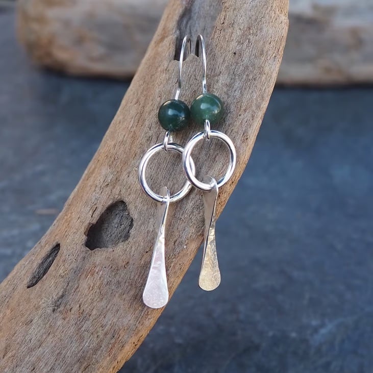 Forged Silver Dangle Hoop Earrings with Green Moss Agate Beads