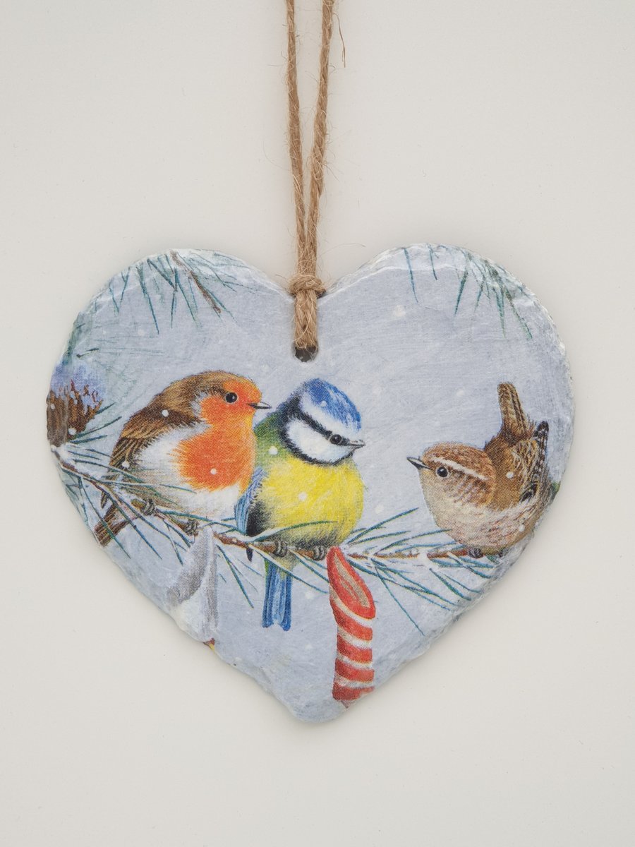 Christmas garden birds hanging decoration slate heart, robin, bluetit and wren