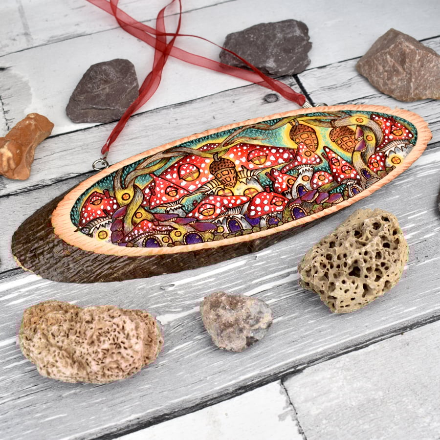 Pyrography toadstool village hanging plaque. Original artwork, fairy town.